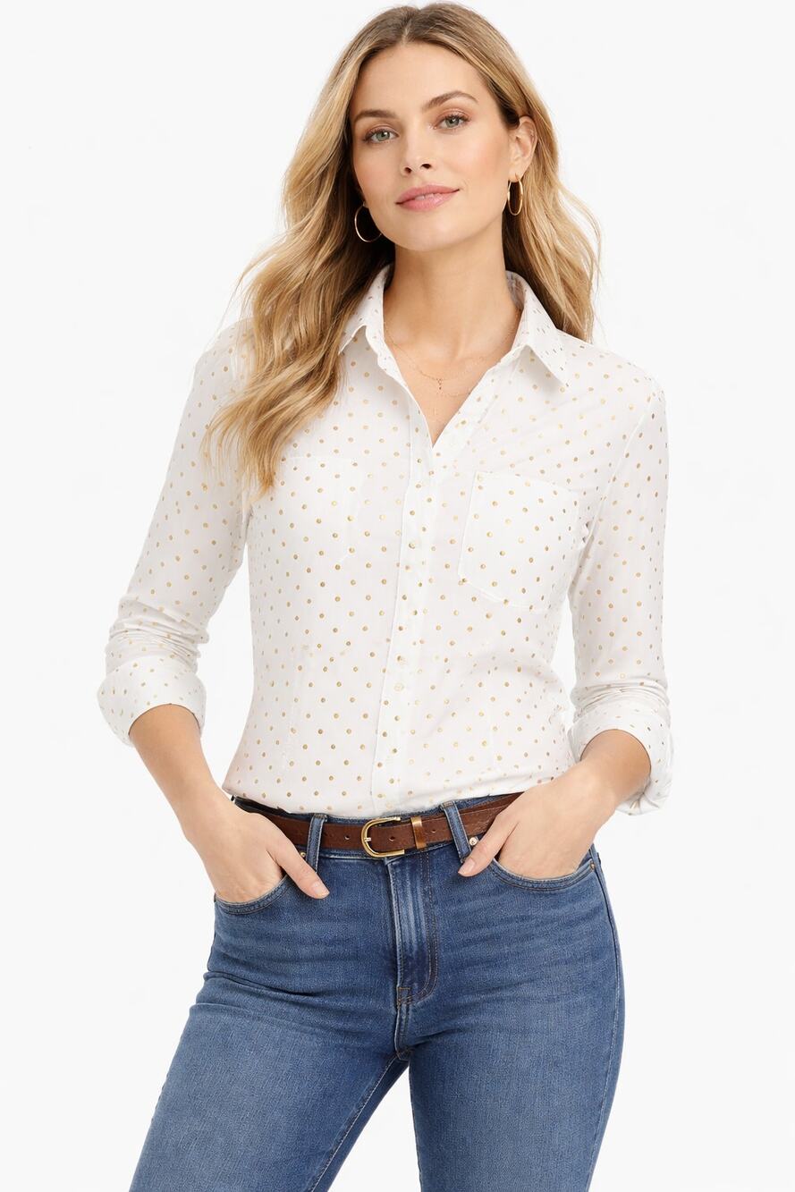 J.Crew Women’s White Gold Polka Dot Button Up Shirt Long Sleeve Blouse Size XS - Picture 1 of 4